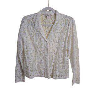 April Cornell White Lace Collared Sheer Covered Button Blouse Size S